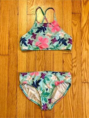 Lands’ End Girls Swim Set Aqua Floral Size 12